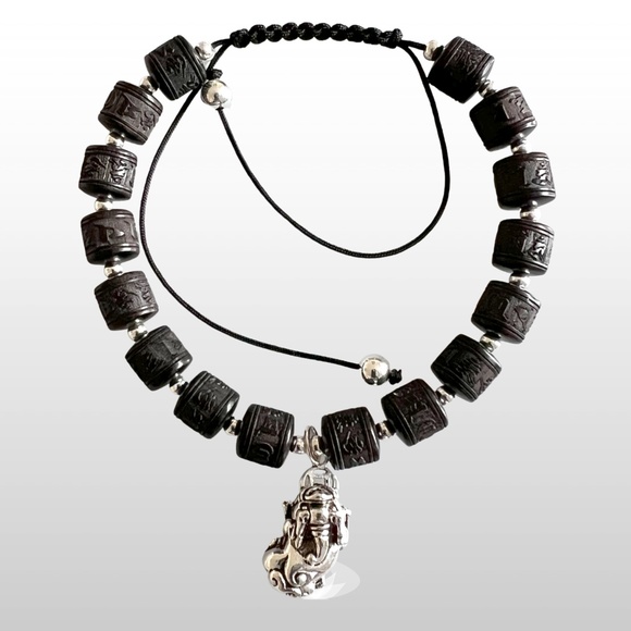 Ebony Tibetan 6 Character Prayer Wheel Mantra Bracelet with  Silver Pixiu Charm - Picture 4 of 7